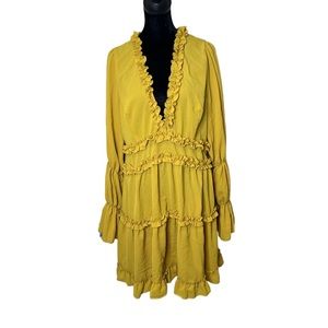 Boohoo Layered Ruffle Mini Dress Long Sleeve Mustard Yellow Women’s Size 12